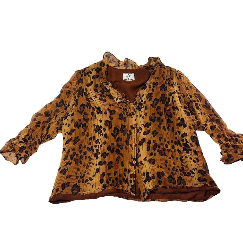 ICE Womens Leopard Print Sheer Layered Button Down Blouse Brown Ruffle Collar L